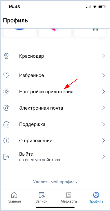 Настройки приложения в профиле
