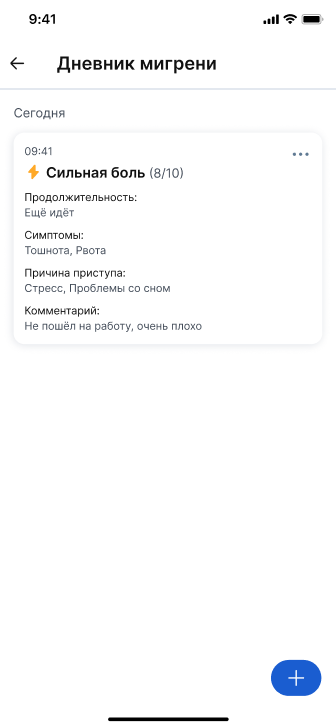 Отображение записи в дневнике мигрени