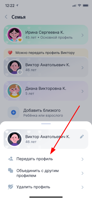 Передать профиль в настройках
