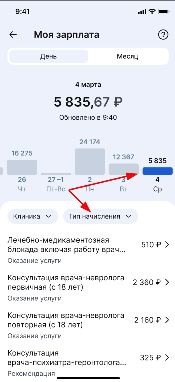 выбор типа начисления за день